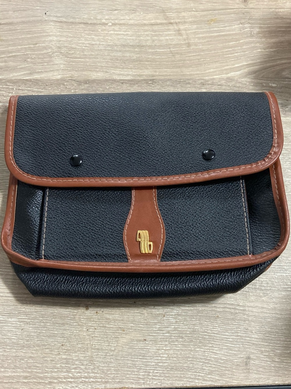 Vintage Fiocchi Italy Leather Black and Brown Travel Pouch with Gold Accent